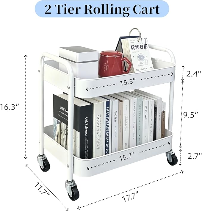 2 Tier Short Rolling Cart with Wheels for Under Desk Storage & Pantry Storage, Large Capacity Metal Kitchen Utility Cart for Small Space, Laundry Room Organizer Side Table with 4 Hooks, White