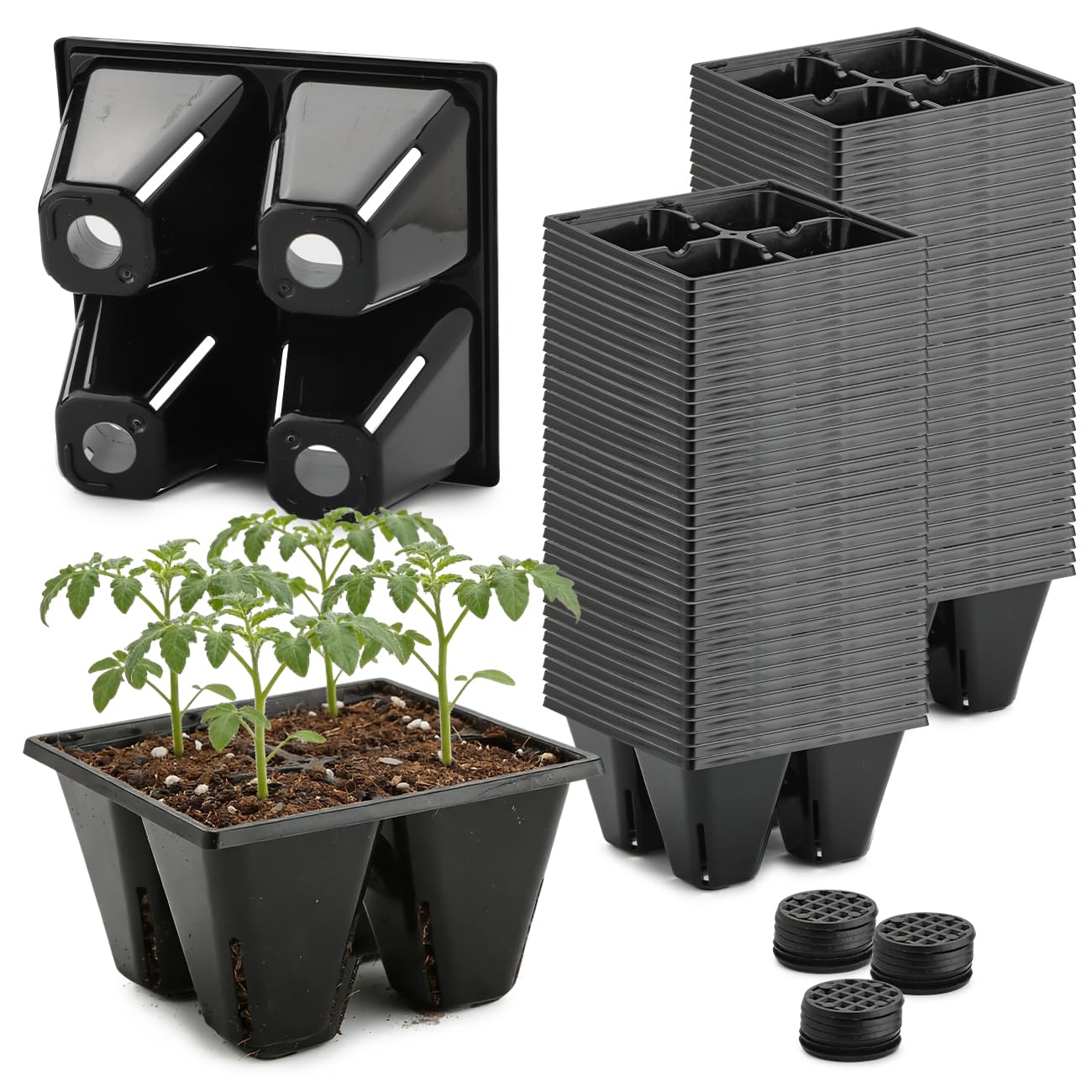 RooTrimmer 80 Pack Reusable 4-Cell Seed Starter Tray for Seedlings, Easy Watering Seed Starting Trays with Drainage Holes for Seed Germination and Plant Start, Fits Standard 1020 Trays, Black