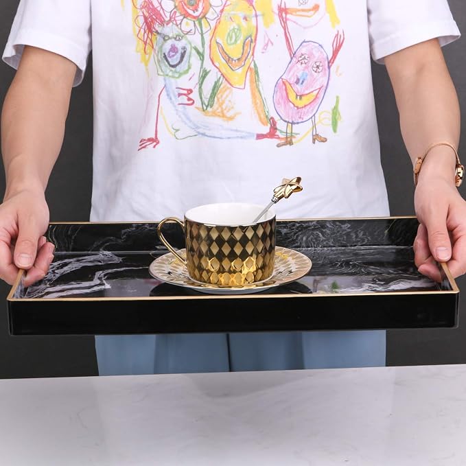 Decorative Tray, Marbling Plastic Tray with Handles, Rectangular Vanity Tray and Serving Tray for Bathroom, Kitchen, Ottoman and Coffee Table, 15.6” x 10.2”, Black