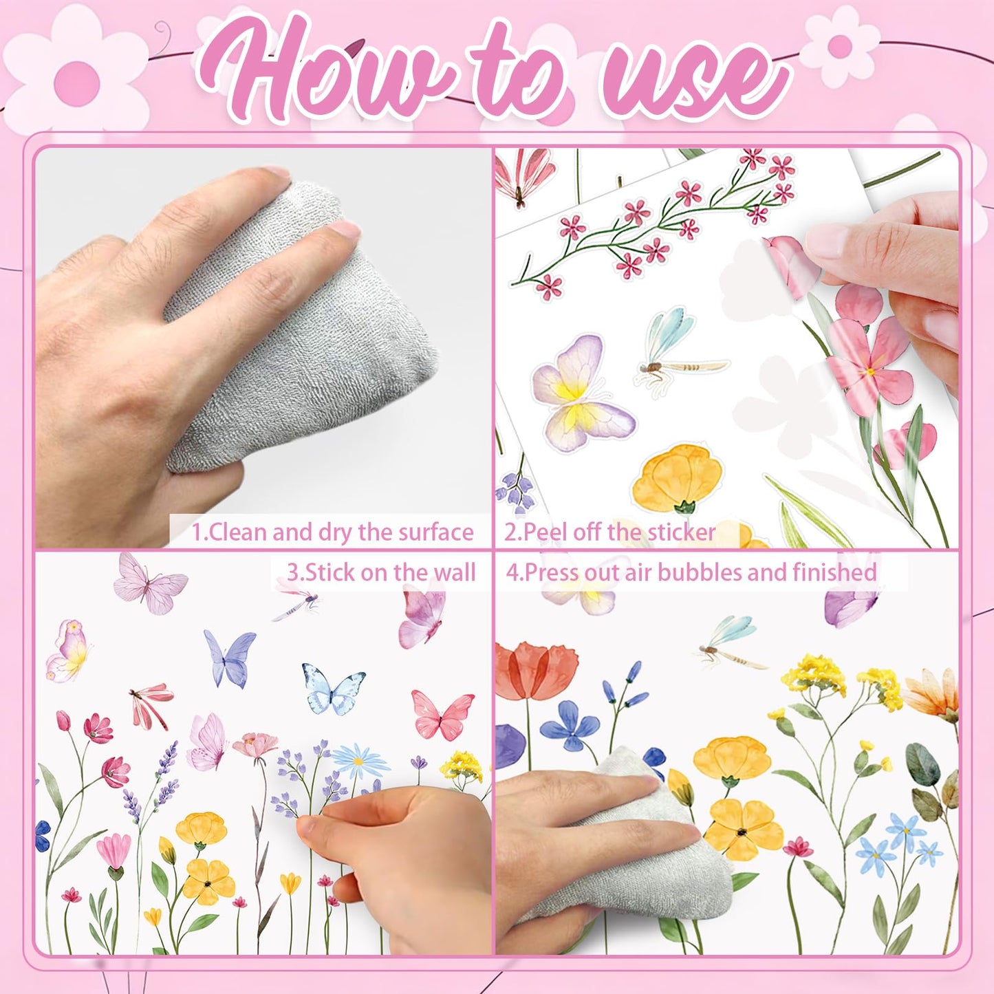 Flower Wall Decals - 8 Sheets 60 Pcs Floral Butterfly Wall Stickers Peel and Stick Wildflower Wall Decals for Girls Bedroom Living Room Home Office Wall Décor