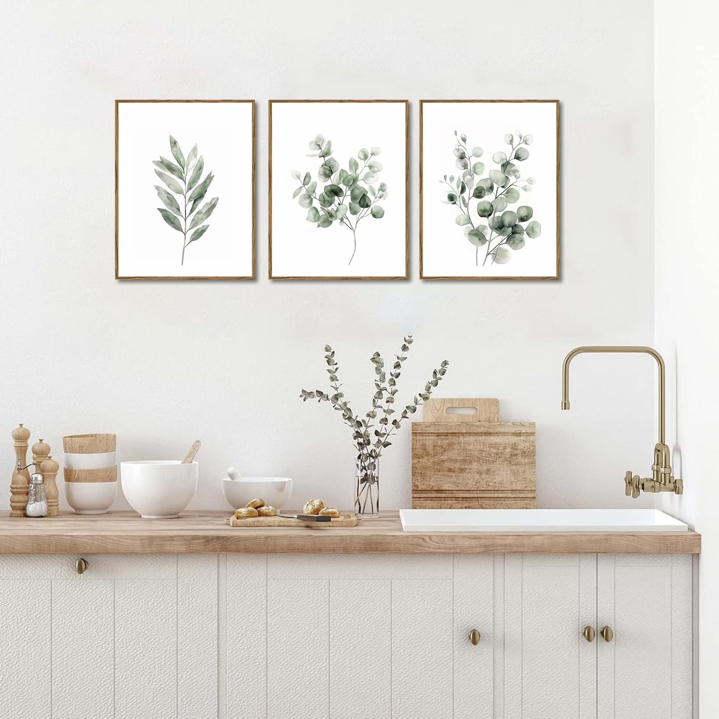 Sage Green Botanical Canvas Wall Art Poster Set of 3, Eucalyptus Leaf Pictures Wall Decor Paintings, Minimalist Plant Prints Aesthetic Home Decor for Living Room Bedroom Bathroom 12x16 inch Unframed