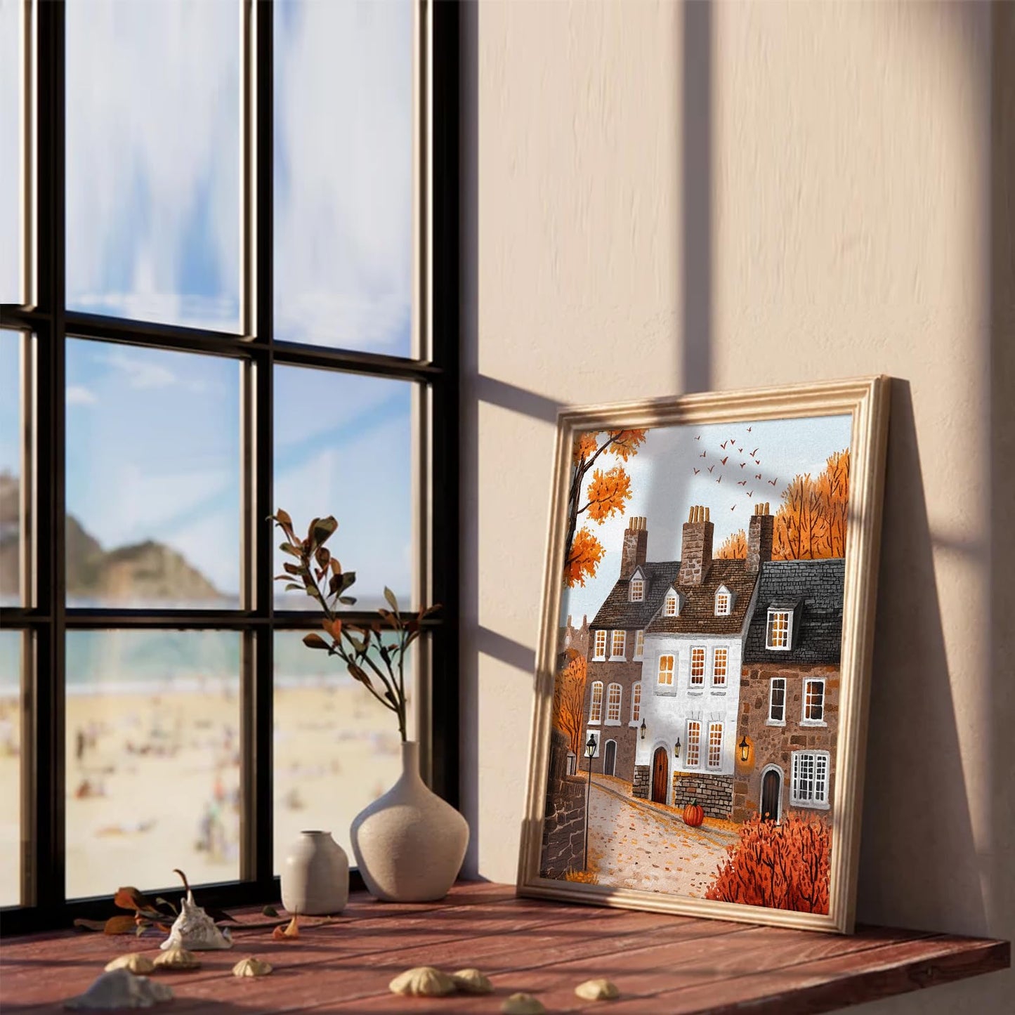 XOCUUI Autumn Cozy Village Landscape Scene 8x10 Unframed Canvas Print, Rustic Fall Street Scene Wall Art With Warm Colors, Thanksgiving House Office Entryway Seasonal Decor