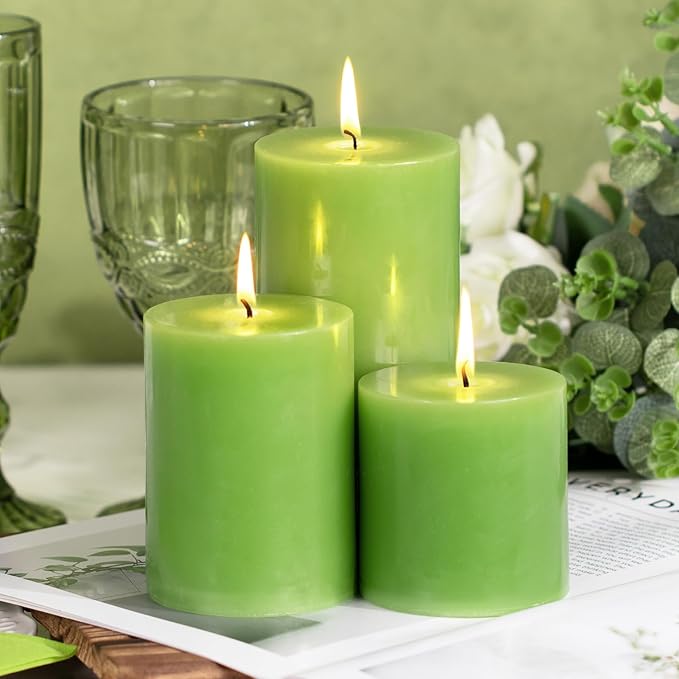 KONNI Green Pillar Candles Set of 3, 3"x 4" Unscented Pillar Candles Bulk, 39 Hours Long Burning Candles, Smokeless&Dripless Large Round Candle for Wedding, Home Decoration, Parties, Spas, Dinner