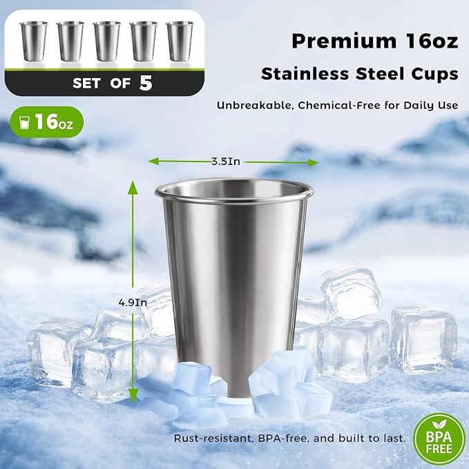 5 Pack 16 oz Stainless Steel Pint Cups,Stainless Steel Cup,Pint Cup Tumbler，water Tumbler,Stackable,Reusable,BPA Free