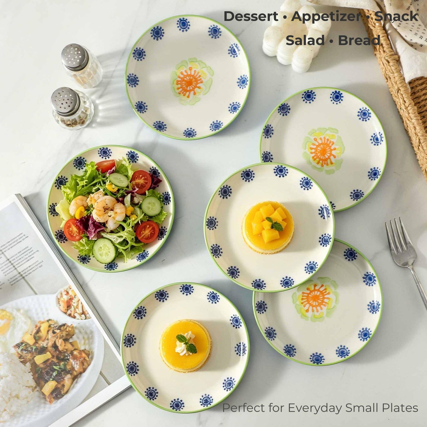 UniqueLife Hand-Painted 6 Inch Dessert Plates Set of 6, Ceramic Appetizer Snack Salad Plates, Microwave Dishwasher Oven Safe Small Plates for Cake Bread Fruit, Gift-Ready - Ocean Blue