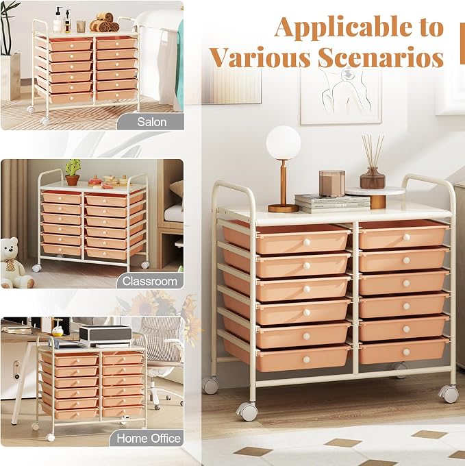 COSTWAY 12-Drawer Rolling Storage Cart, Utility Storage Organizer Cart for Tools, Scrapbook, Paper, Craft, Multipurpose Art Supply Organizer on Wheels for Home Office School, Teacher, Peach