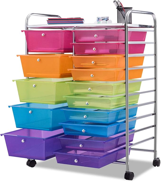 Giantex 15 Drawer Rolling Storage Cart Tools Scrapbook Paper Office School Organizer, Multicolor