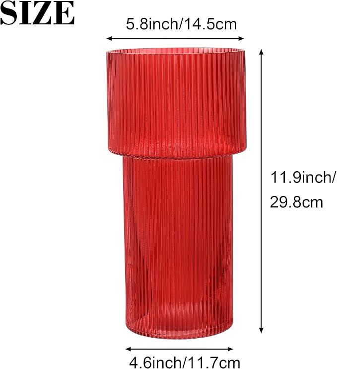 Red Glass Vase, 12 Inches Tall Vase for Flowers, Large Flower Vases for Bouquet, Modern Red Glass Vases for Living Room, Dining Table, Office, Entryway, Mantle, Shelf, Wedding Gifts