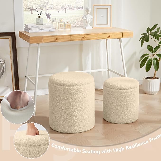 Royal Windsor Boucle Round Ottoman with Storage Set of 2,Small Foot Stool Ottoman for Living Room, Small Coffee Table,Vanity Stool with Storage for Bedroom, Beige