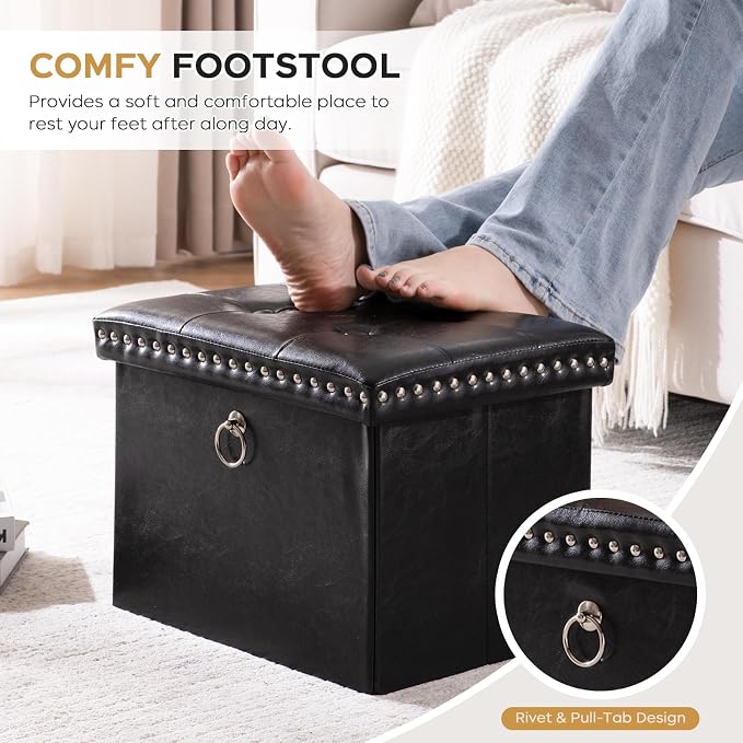 oakvivo Small Storage Ottoman Foot Rest Stool, 16x12x12 in Foldable Leather Footstool Storage Bench with Rivet Design, Thicker Foam Padded Seat, Footrest Under Desk for Living Room Bedroom, Black