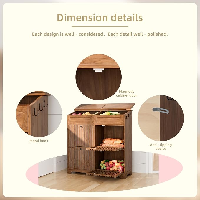 Potato and Onion Storage Bins Box, Mid Century Modern Tall Large Fruit and Vegetable Basket Storage, Walnut 4 Doors Kitchen Pantry Cabinet for Snack, Wooden Bread Storage, 3 Tier, Magnetic Flip-top