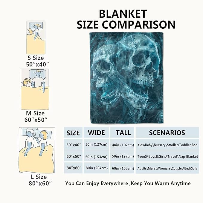 Gothic Blue Skull Blanket,Goth Spooky Throw Blankets,Gifts for Women Men, Lightweight Soft Fleece Cozy,for Sofa Couch Bed Room Travel,Festival Halloween Aesthetics Decor,50x60in