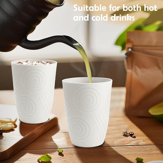 Drinking Glasses - Wheat Straw Cups Set of 6, Unbreakable Plastic Tumbler, Alternative to Plastic Glasses Drinking Reusable, Drinking Cup Dishwasher Safe Plastic Cups 12 OZ - White