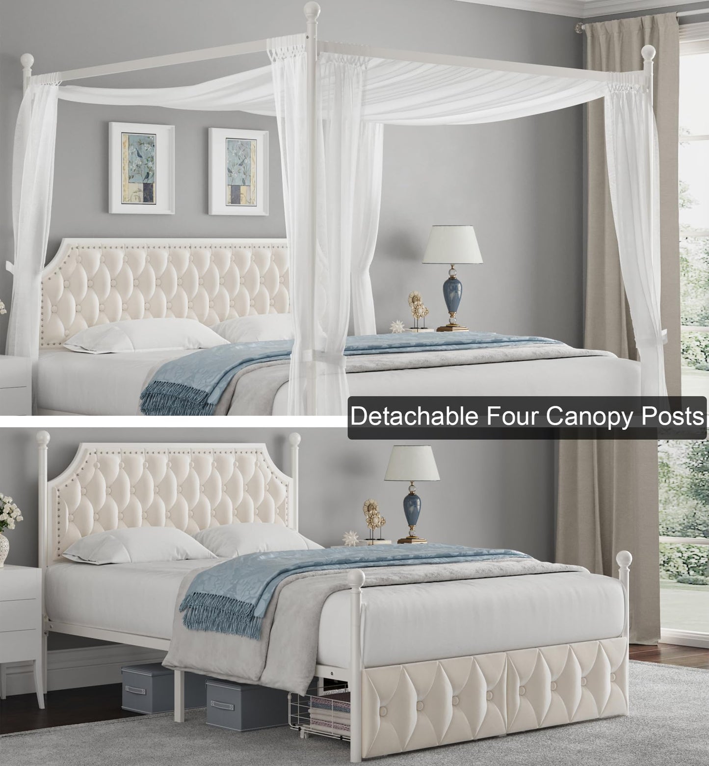 Keyluv Queen Upholstered Canopy Bed Frame with 2 Storage Drawers & Button Tufted Headboard, Metal Platform Bed with 4 Removable Posts, Two-Purpose Velvet Bed, Beige/Curtain Not Included