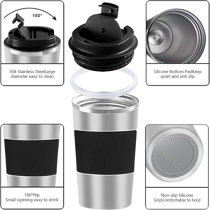 YINBAOGE Insulated Travel Coffee Mug, Spill & Leak Proof, Portable To Go Camping Stainless Steel Coffee Tumbler, Reusable Thermal Coffee Cup with Lid for Hot & Cold Drinks(Silver black, 12 OZ)