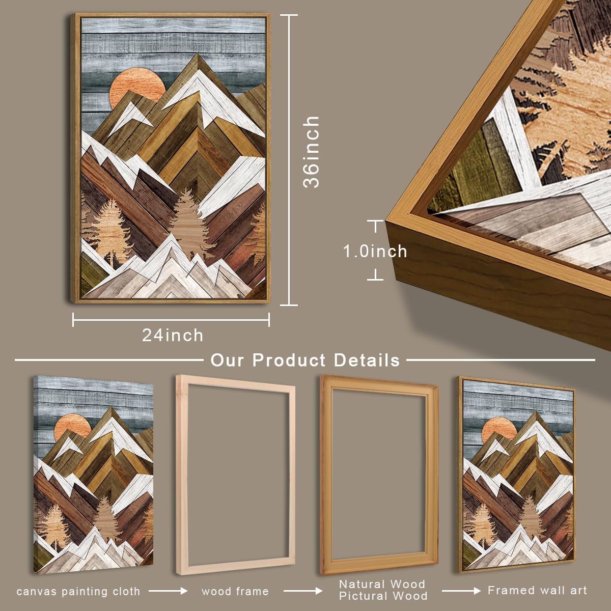 BINCUE Extra Large Mountain Wall Art Farmhouse Mountain Wall Decor Large Landscape Artwork 24x36 Inches Set of 3 Framed Rustic Painting Boho Mountains Artwork for Living Room Bedroom Office