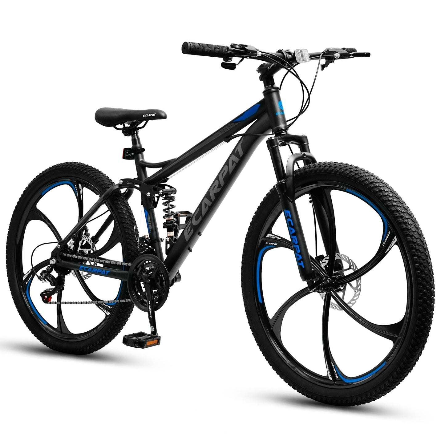 Ecarpat Full Suspension Mountain Bike 26 Inch Wheel, 21 Speed Mountain Bicycle with High-Carbon Steel and Dual Disc Brakes, Outdoor Cycling MTB Bike for Men Adult, Black