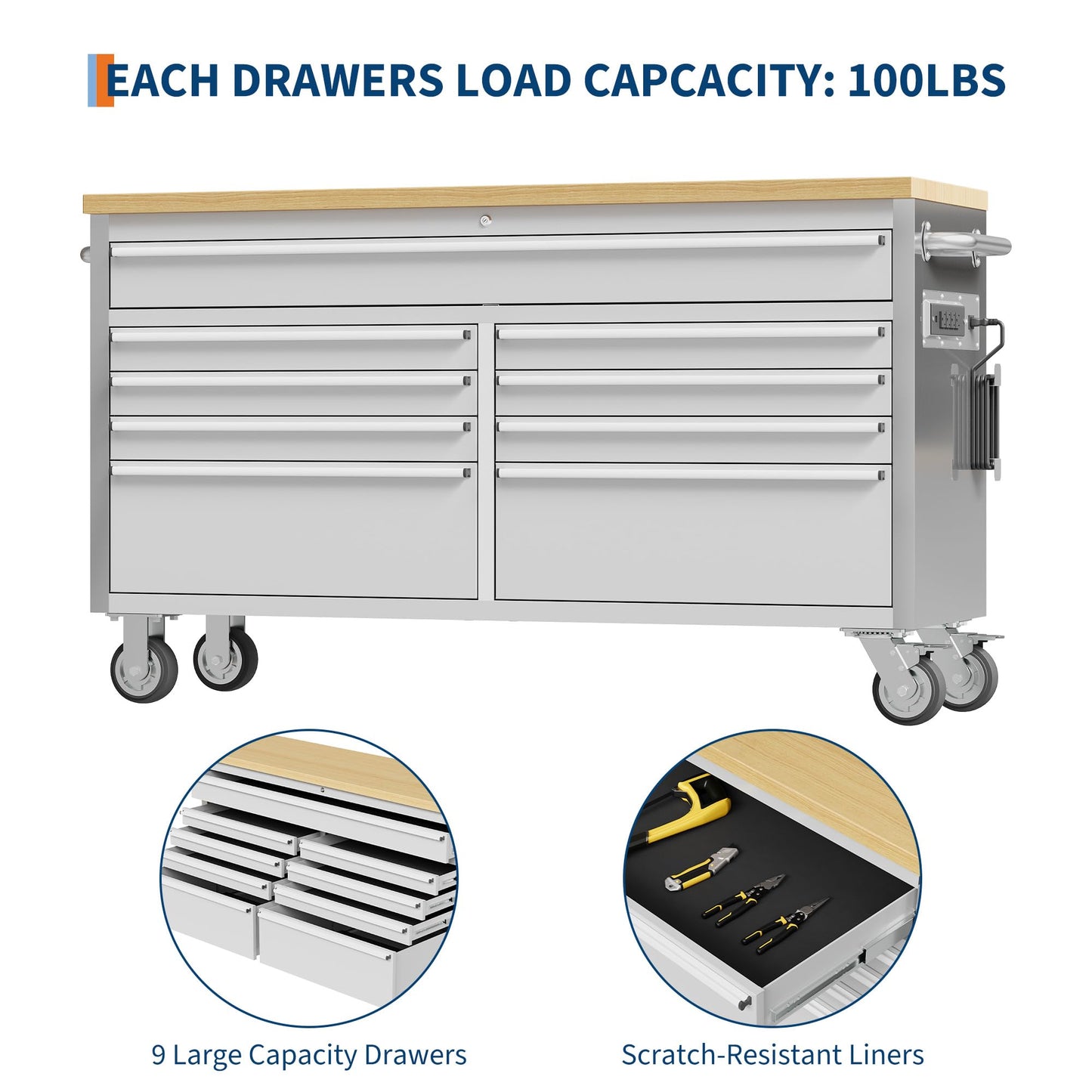 GarveeTech 61 in Tool Chest, Tool Box Mobile 9 Drawers Storage Rolling Cabinet with Wheels Lock Key Locking System Drawer Liners for Garage Warehouse Repair Shop