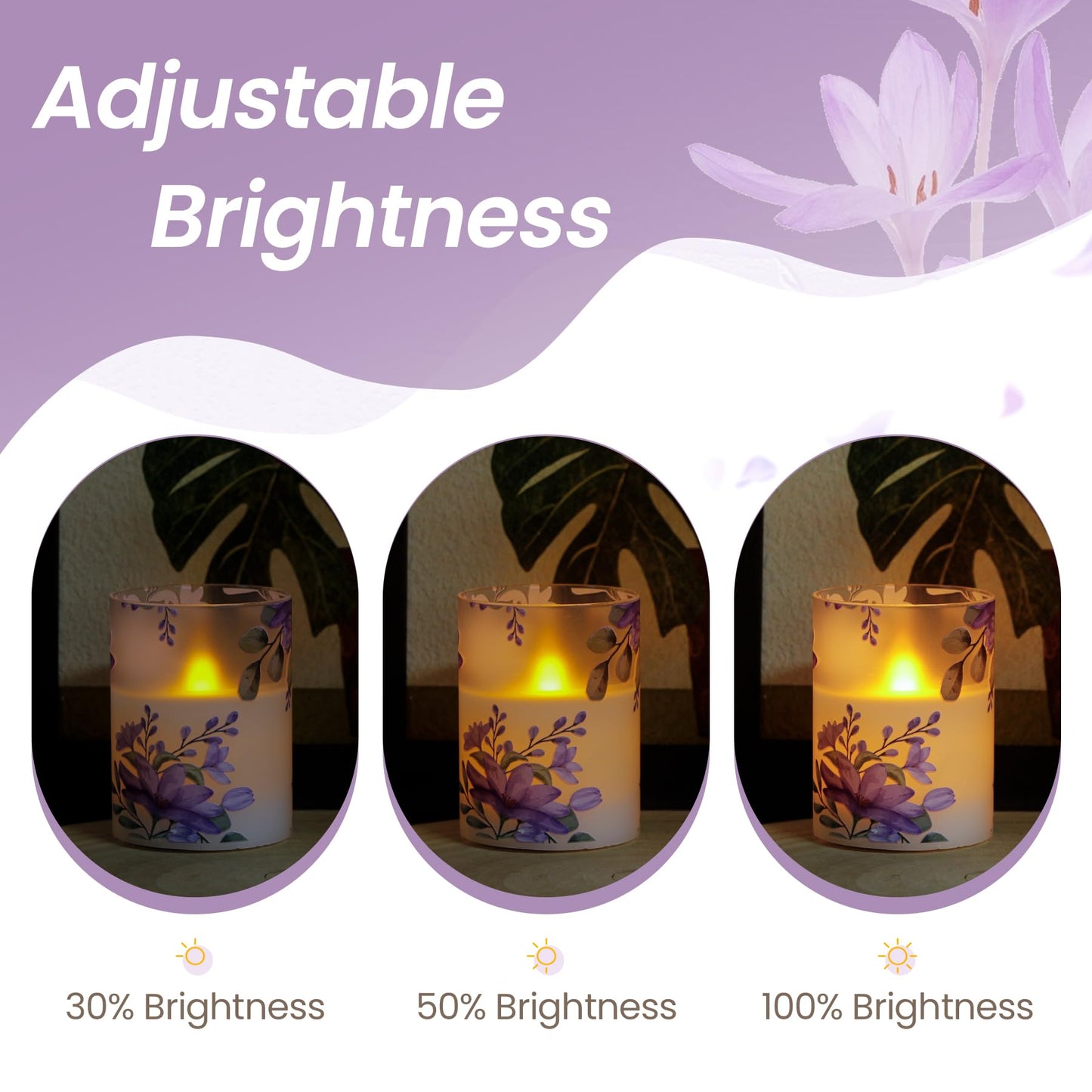 Wroxipel Pack of 3 Flameless Daily Timer Flickering Real Wax Pillar Candles, 3" x 4" 5" 6" LED Battery Operated Purple Flowers Glass Warm Light with Remote Control