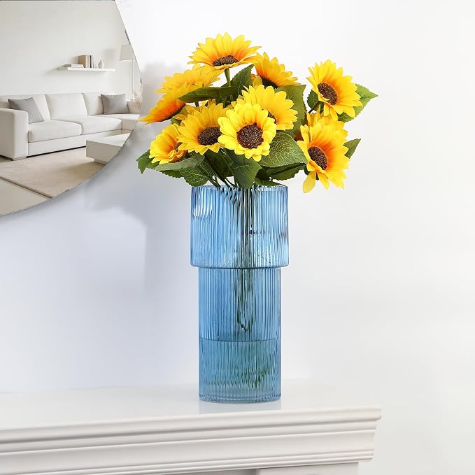 Large Glass Vase, 12 Inches Tall Vase for Flowers, Blue Flower Vases for Bouquet, Modern Blue Glass Vases for Living Room, Dining Table, Office, Entryway, Mantle, Shelf, Wedding Gifts