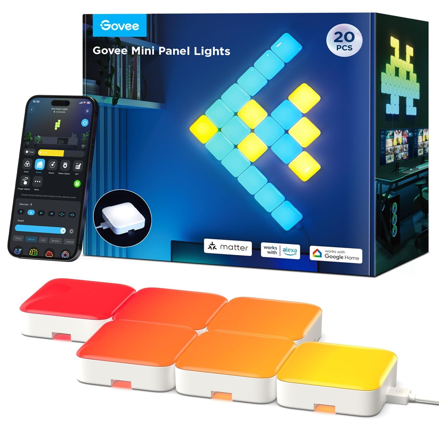 Govee Mini Panel Lights, RGBIC Wall Lights, Smart LED Wall Panels, Works with Matter, Alexa, Google Assistant, Sync with Music, DIY Gaming Light for Home Decor, Office, Bedroom, 20 Pcs