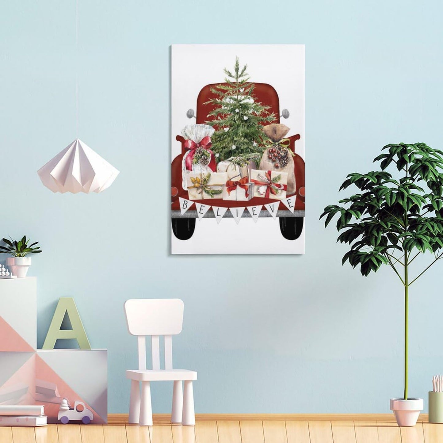 LohxA Festive Red Truck Believe Banner Tree Presents Print - Custom Holiday Wall Decor ， Christmas Signs P Canvas Wall Art Print Poster For Home School Office Decor 12x18inch(30x45cm)
