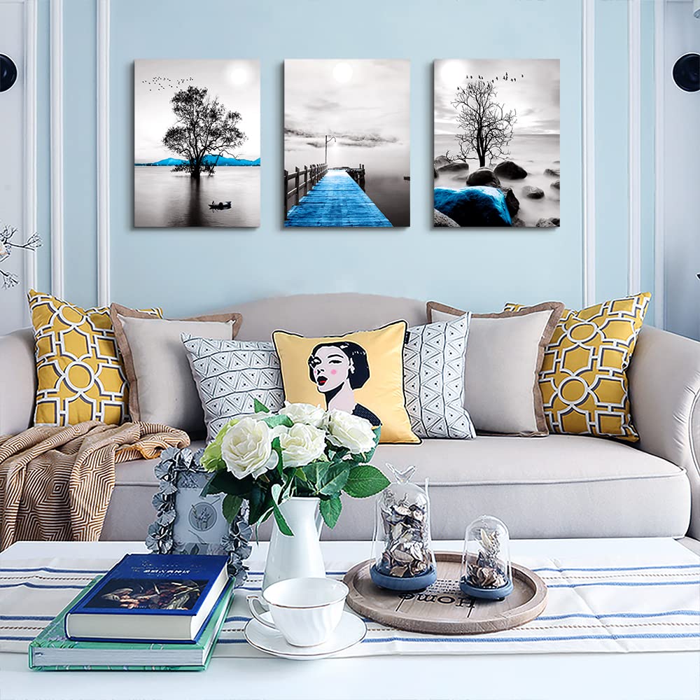 Framed Canvas Wall Art for Living Room, Bedroom, Office - Black and White Ocean Landscape Paintings - Modern Posters and Pictures for Bathroom Home Decor - 3 Piece Set