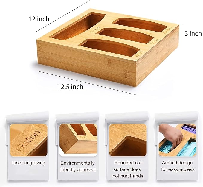 Food Ziplock Bag Storage Organizer For Kitchen Drawer, Bamboo Baggie Holder, Compatible With Ziploc, Solimo, Glad, Hefty For Gallon, Quart, Sandwich And Snack Variety Size Bags(1 Box 4 Slots)