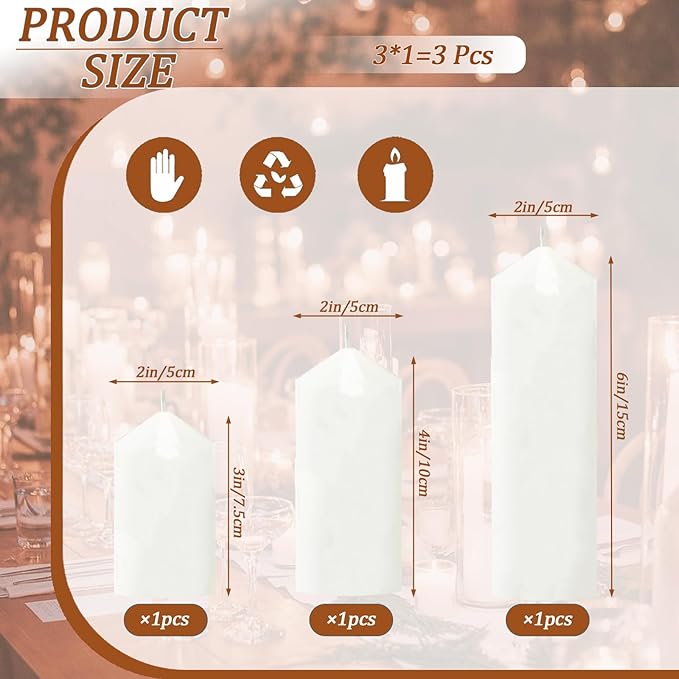 3 Pcs White Pillar Candles Bulk Set，Hurricane Candlesï¼? Different Lengths 2 x 3/4/6 Inch，Dripless Unscented Smokeless，Gives You a Better Atmosphere When Organizing an Event Party.