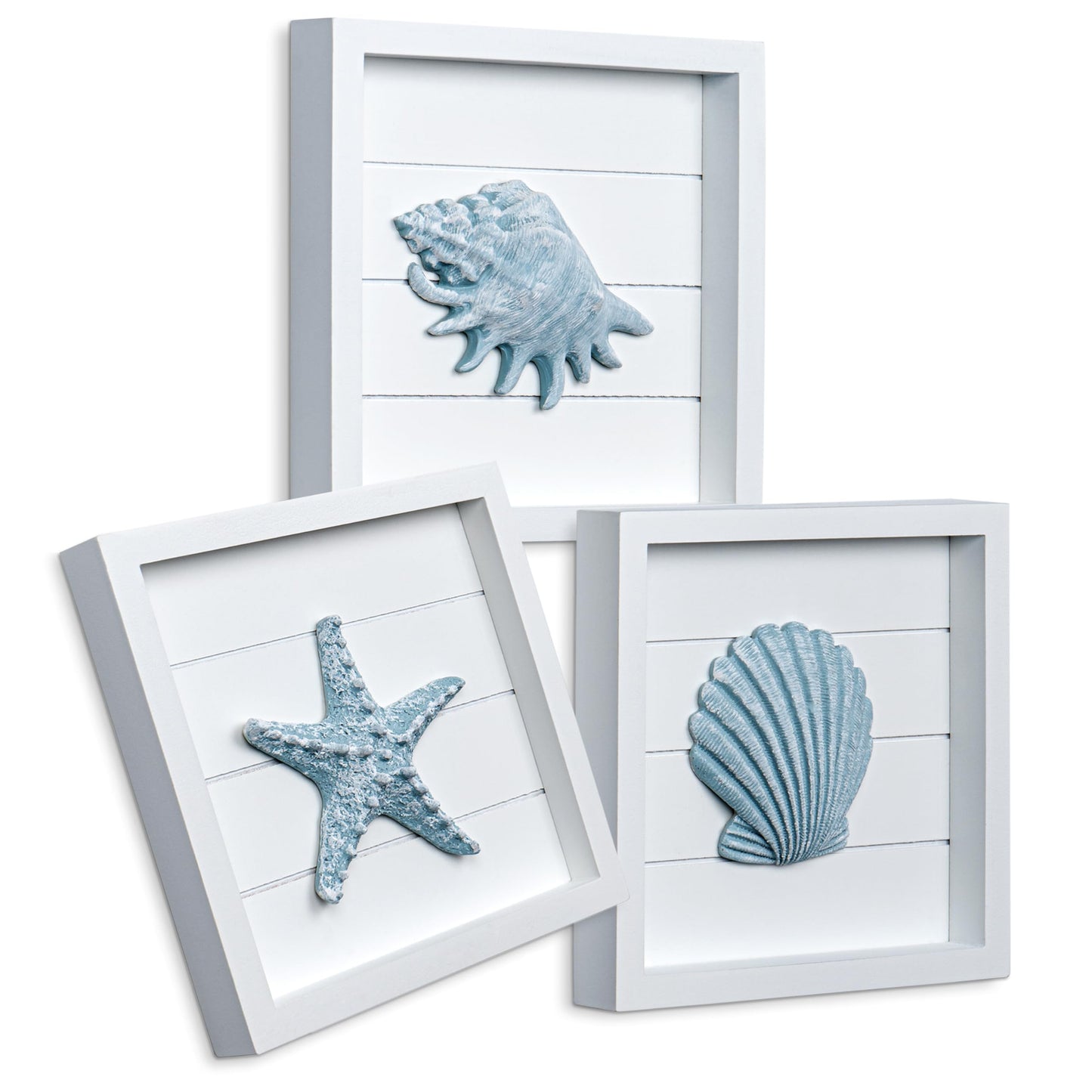 TideAndTales Blue Seashells and Starfish (Framed Set of 3) Coastal 3D Wall Art, Beach Wall Decor for Bathroom or Coastal Bedroom, Ocean Inspired Seaside Decorations for Home or Beach House (7"x7")