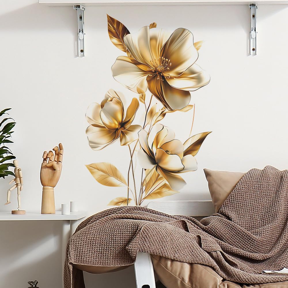 QXFHULV Flower Wall Stickers Floral Plants Wall Art Decals for Bedroom Living Room Sofa TV Background Home Decor (Gold)