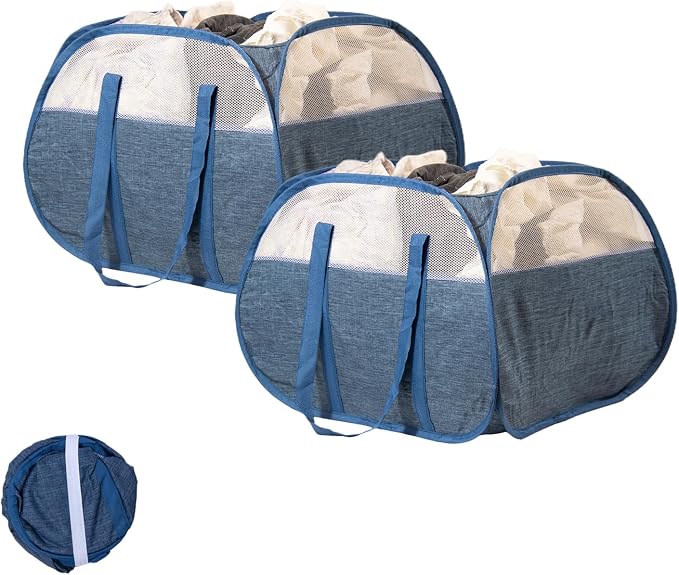 Collapsible Laundry Basket, 90L Foldable Pop-up Laundry Hamper with Reinforced Handles, Tear Proof Mesh Dirty Clothes Hamper for Laundry (Blue, 2PCS)