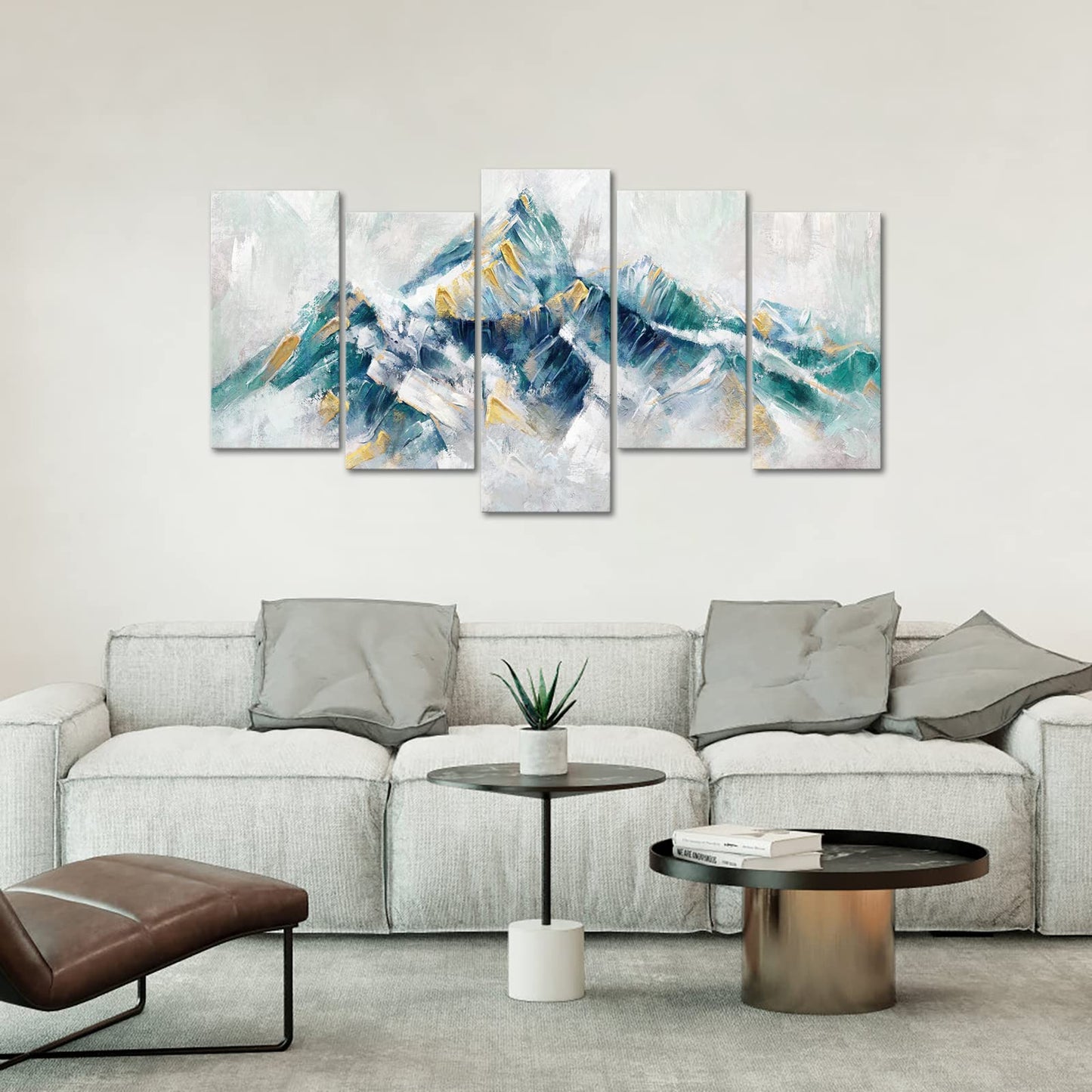 LevvArts Large 5 Piece Abstract Canvas Wall Art Teal Green and Gold Mountain Painting Prints Modern Green Artwork for Living Room Office Decoration Stretched and Framed Easy to Hang