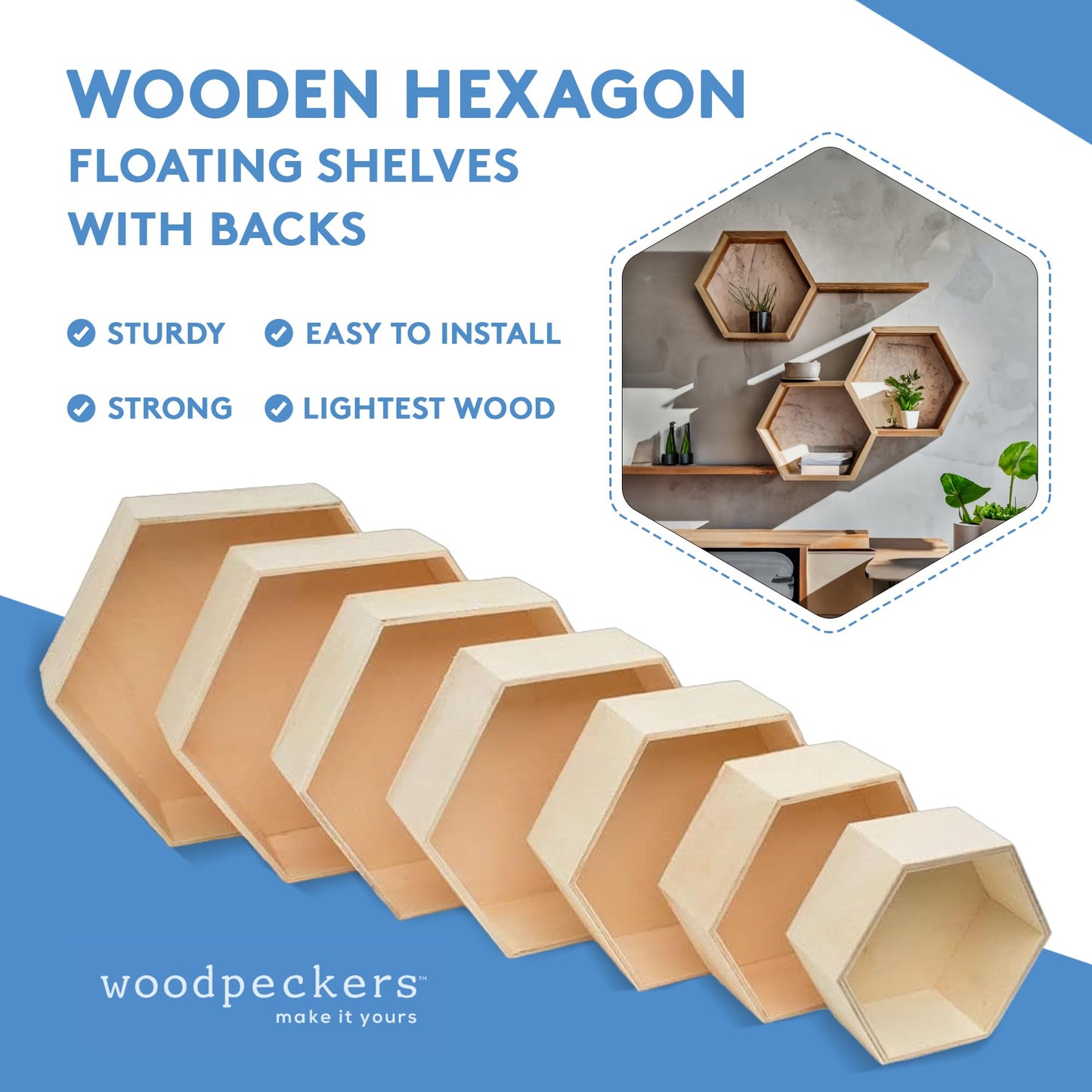 Woodpeckers Wooden Hexagon Floating Shelves with Backs, Set of 7, Unfinished for Crafts and DIY Wall Décor: Modern, Geometric, Rustic, or Honeycomb