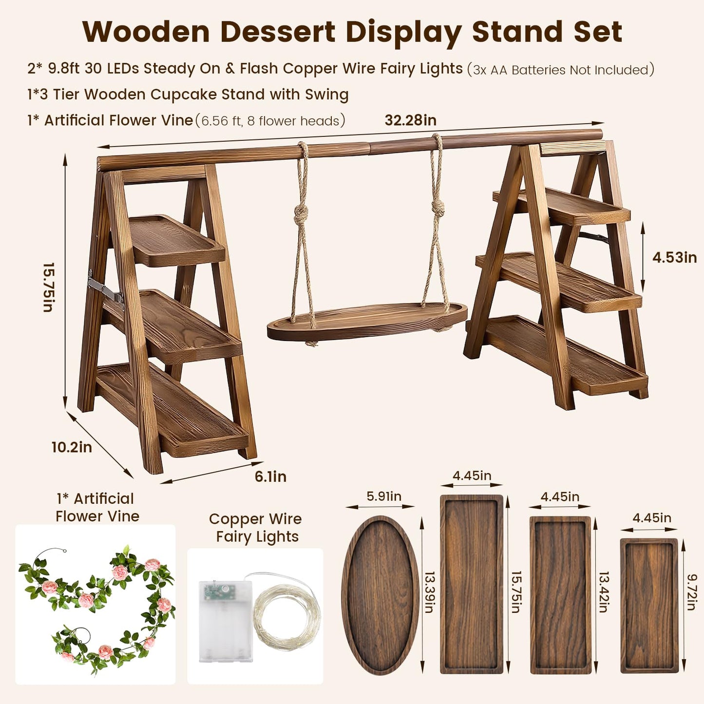 3 Tier Wooden Cupcake Stand with Swing and Flower Decoration, Dark Brown Natural Wood Dessert Swing Display Serving Set with Removable Trays, Rustic Wedding & Party Dessert Stand