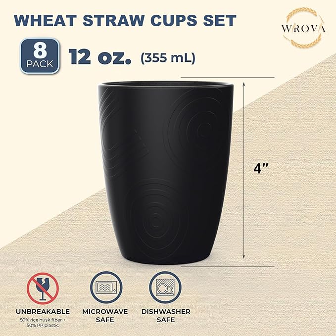 Wrova Wheat Straw Cups 8 PCS Good Alternative to Plastic Reusable Cups 12 oz Unbreakable Drinking Cup Reusable Dishwasher Safe Water Plastic Glasses Pure Black