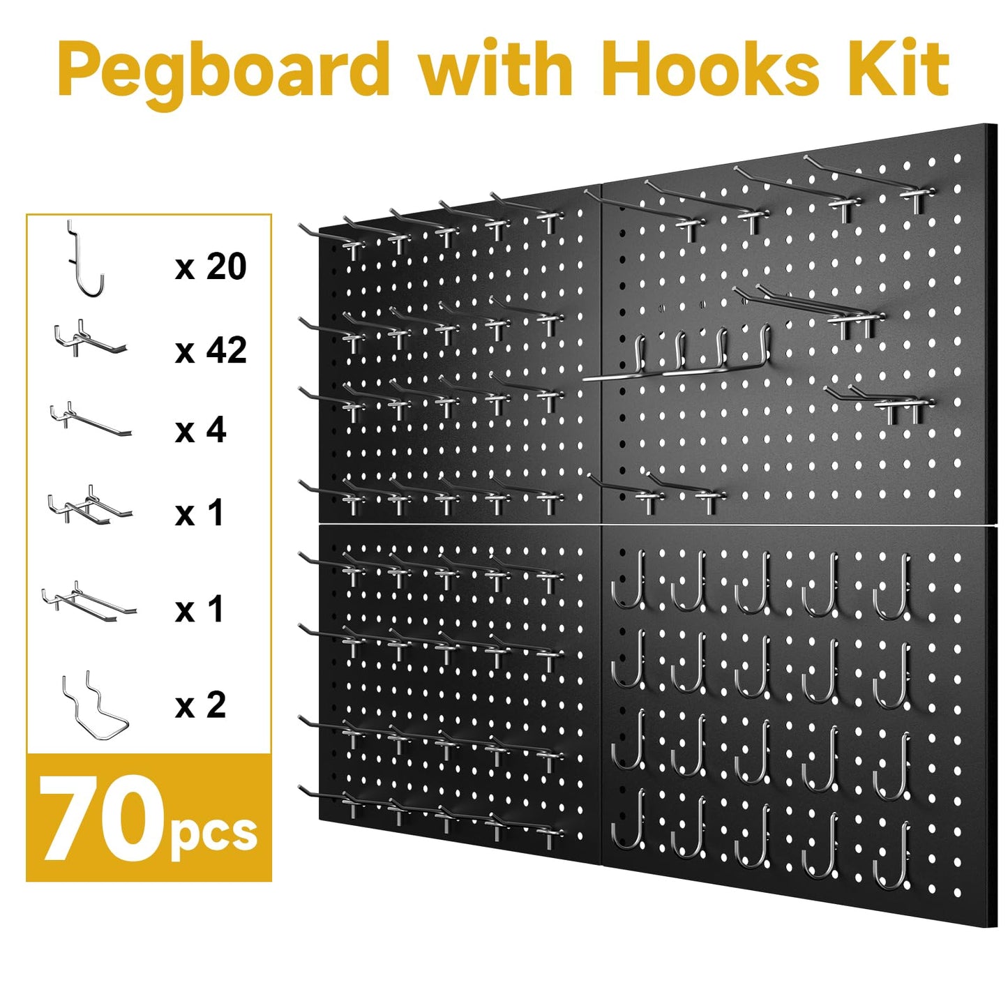 GEDELITE 74PCS Pegboard Wall Organizer, 4 Pack Metal Pegboard Panels with 70 Hooks, 32" x 24" or 64" x 12" Black Peg Board for Walls, Garage, Craft Room, Cold-Rolled Steel