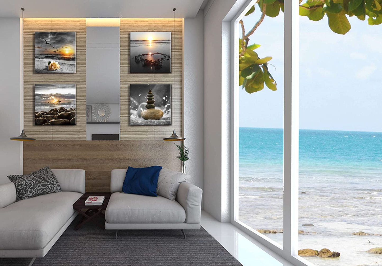 Bamdeya Beach Wall Art Canvas Zen Prints Art Black and White Wall Decor Gold Sea Sunset Seascape Wall Pictures Ocean Sunrise Love Painting for Living Room Bathroom Decor Home Decoration Framed