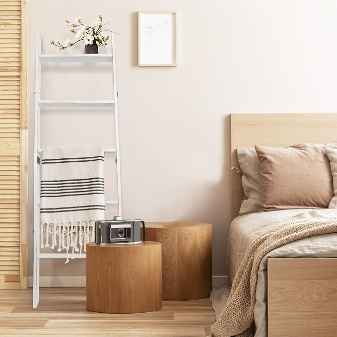 5-Tier Blanket Ladder – 4.8 Ft Wall Leaning Quilt Rack, Farmhouse Blanket Storage for Living Room, Bedroom & Bathroom – Rustic Decorative Wooden Towel & Quilt Holder, Easy to Assemble
