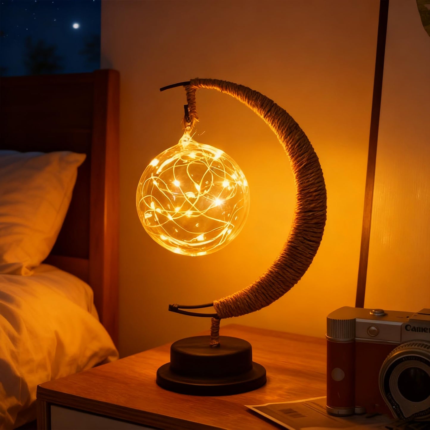 Taoushuleng Moon Table Night Light with Hanging Star Ramadan Decorative Lamp Battery Operated Suitable for Home Bedroom Shop Dining Table Holiday Party Eid Festival Decoration (HEMPmoon-WW-Ball)