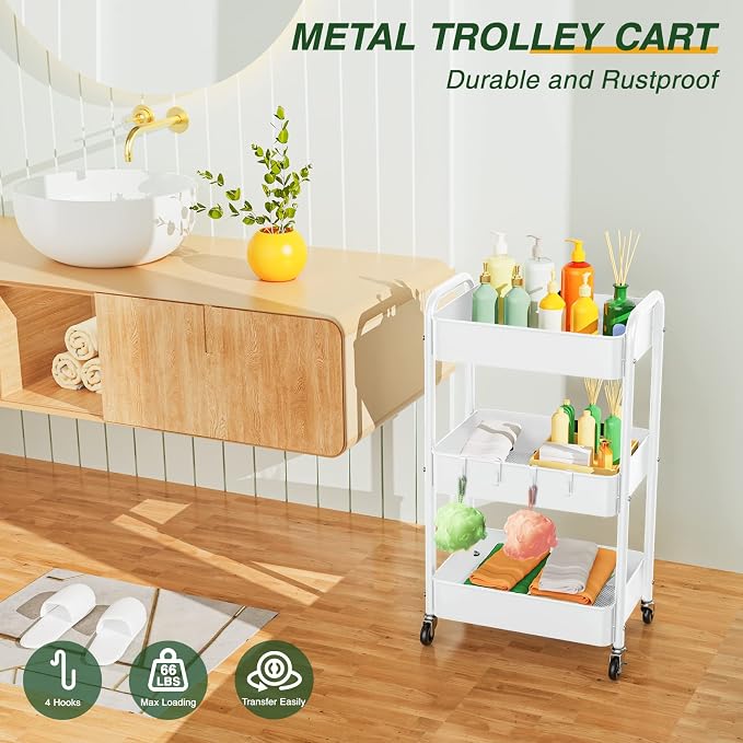 LEHOM 3 Tier Rolling Cart, Metal Rolling Utility Cart with Lockable Wheels & Hooks, Multi-Functional Heavy Duty Storage Cart Organizer for Bathroom, Kitchen, Office, Living Room