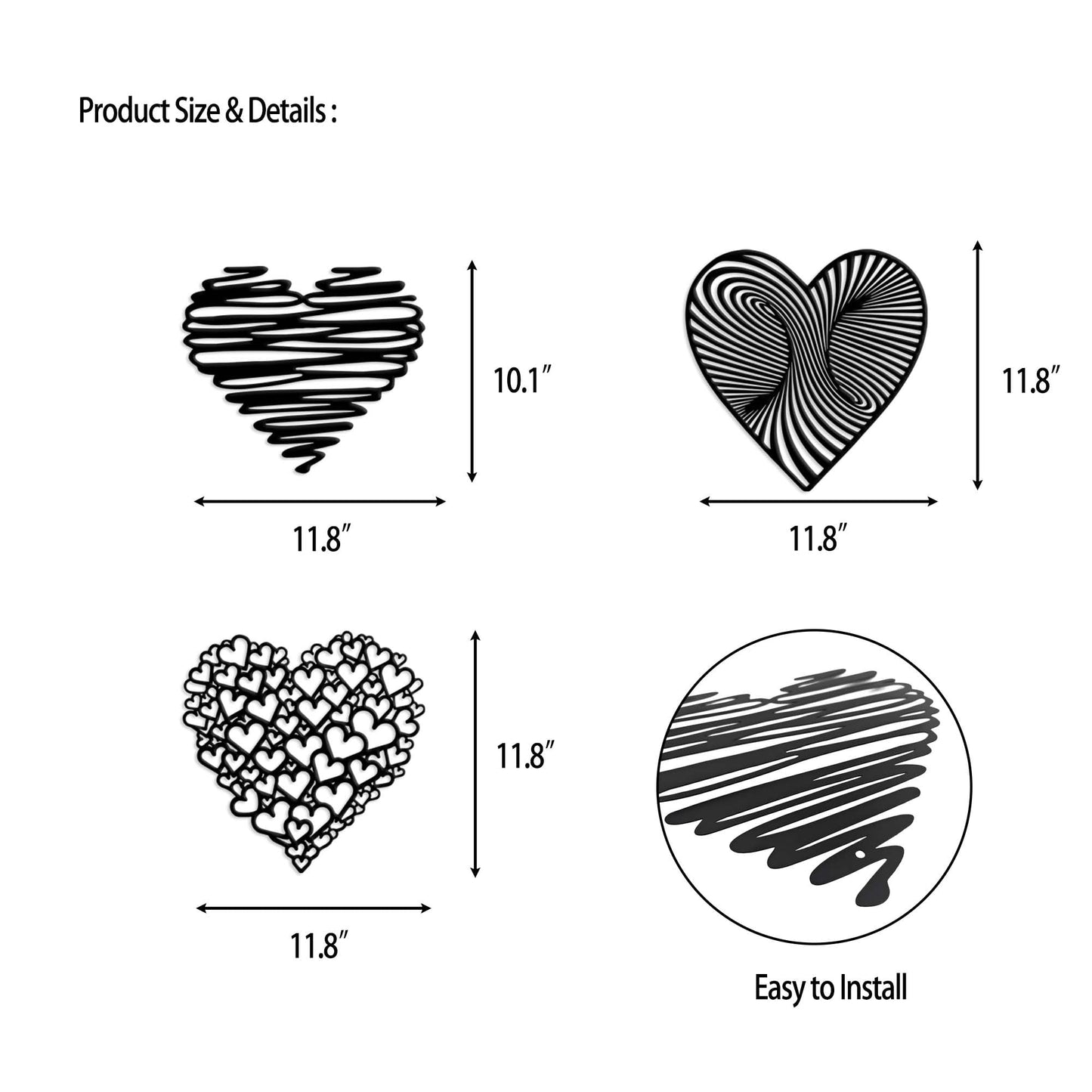 YATEASLU Set of 3 Heart Wall Decor Unique Metal Art Designs for Bedroom, Living Room, and More – Perfect for Adding Warmth and Elegance to Any Space (11.8 * 11.8 inch)