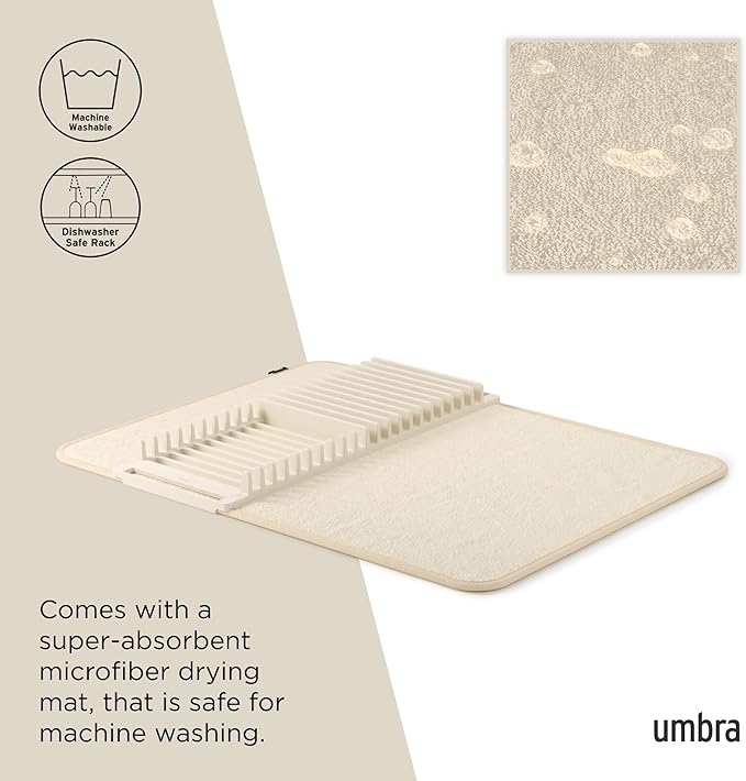 Umbra Udry Dish Rack and Microfiber Drying Mat – Space-Saving Design Folds Up for Easy Storage, Basic Rack, Linen
