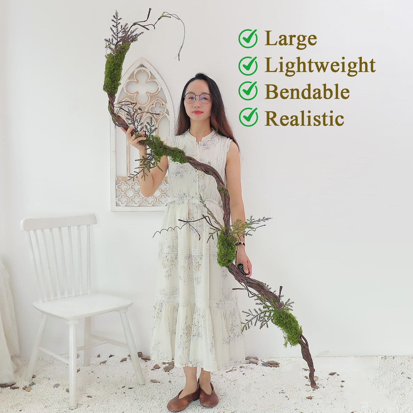 1Pcs 78.9inch Large Bendable Artificial Tree Branches Moss Sturdy Hanging Plants Leaves Grape Vines Thick Tree Trunk Twigs Greenery Stems Cherry Blossom Garland for Halloween Outdoor Forest Decor