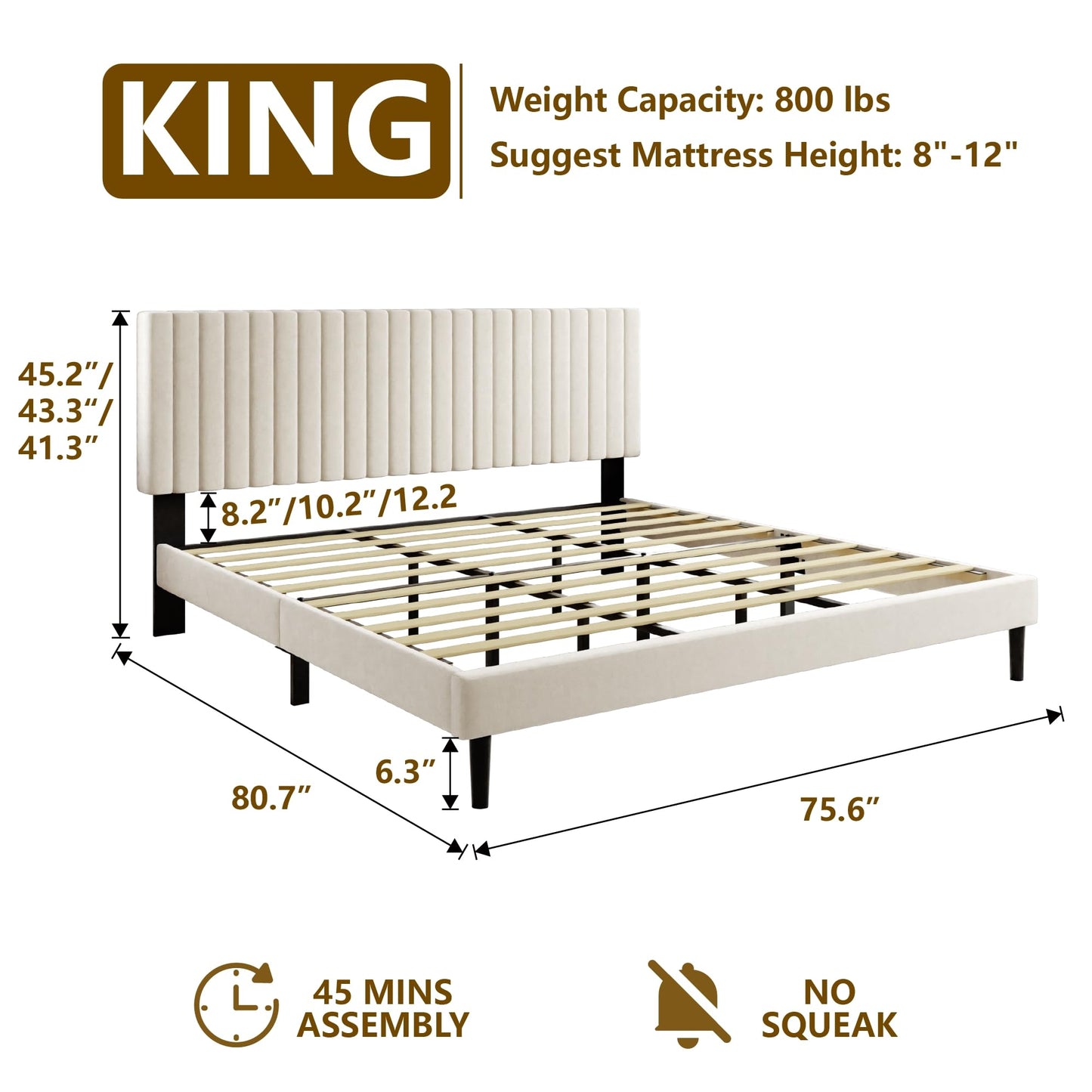 Sismplly King Size Bed Frame with Velvet Upholstered Headboard, Platform Bed with Strong Wood Slats, Mattress Foundation, Box Spring Optional, Easy Assembly, Beige