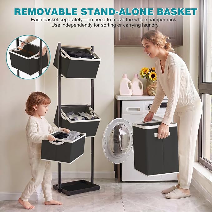 4-Tier Laundry Hamper Sorter, Vertical Laundry Sorter with Removable Basket, Stackable Laundry Cart Organizer and Storage 125L for Small Space, Dorm, Closet, Bathroom Black