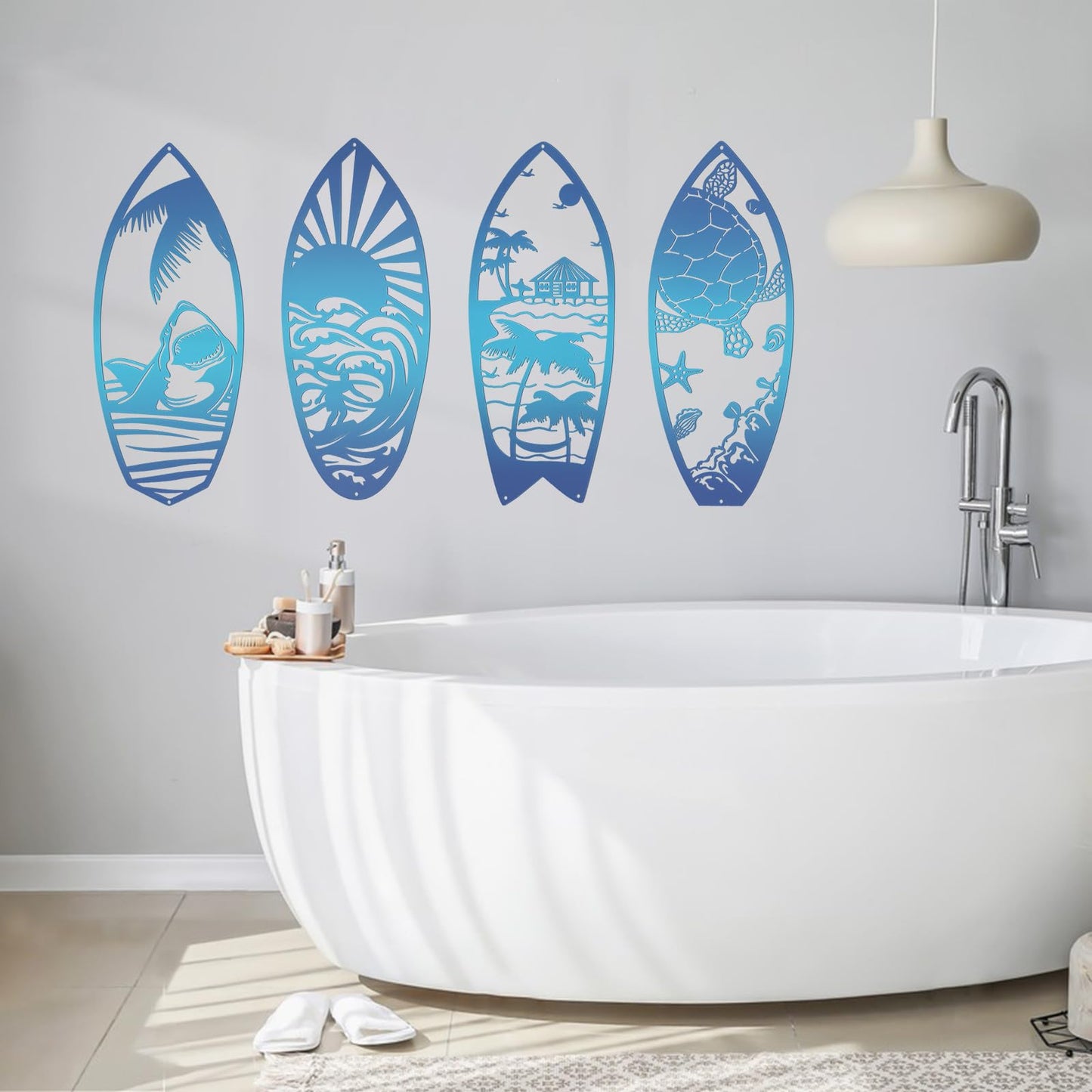 Beyoogeem 4Pcs Metal Surf Board Wall Decor Summer Surfboard Beach Signs Shark Palm Tree Wall Art Tropical Wall Decor Hanging Coastal Wall Decor Sea Turtle Wall Decoration for Wall Door (Blue)