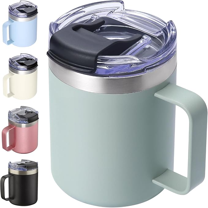 12oz Insulated Coffee Mug Cup with Handle, Stainless Steel Travel Coffee Mug with Flip Lid, Double Wall Vacuum Coffee Tumbler,Sage
