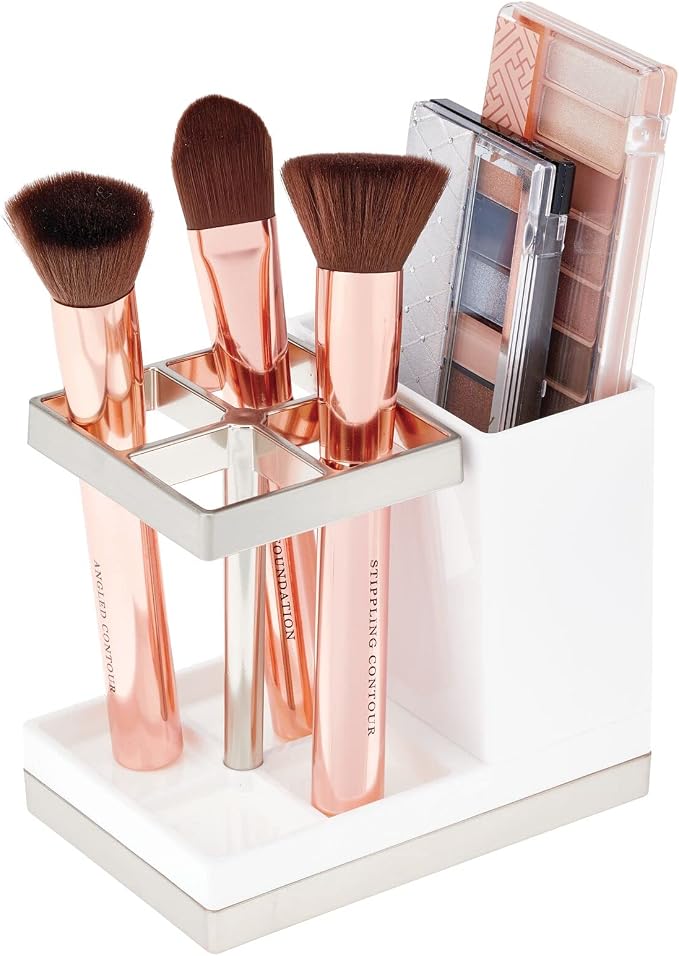 mDesign Plastic Toothbrush and Toothpaste Storage Organizer Holder - Home Decor for Bathroom Countertop - Holds Toiletries and Beauty Accessories - Lumiere Collection - White/Brushed