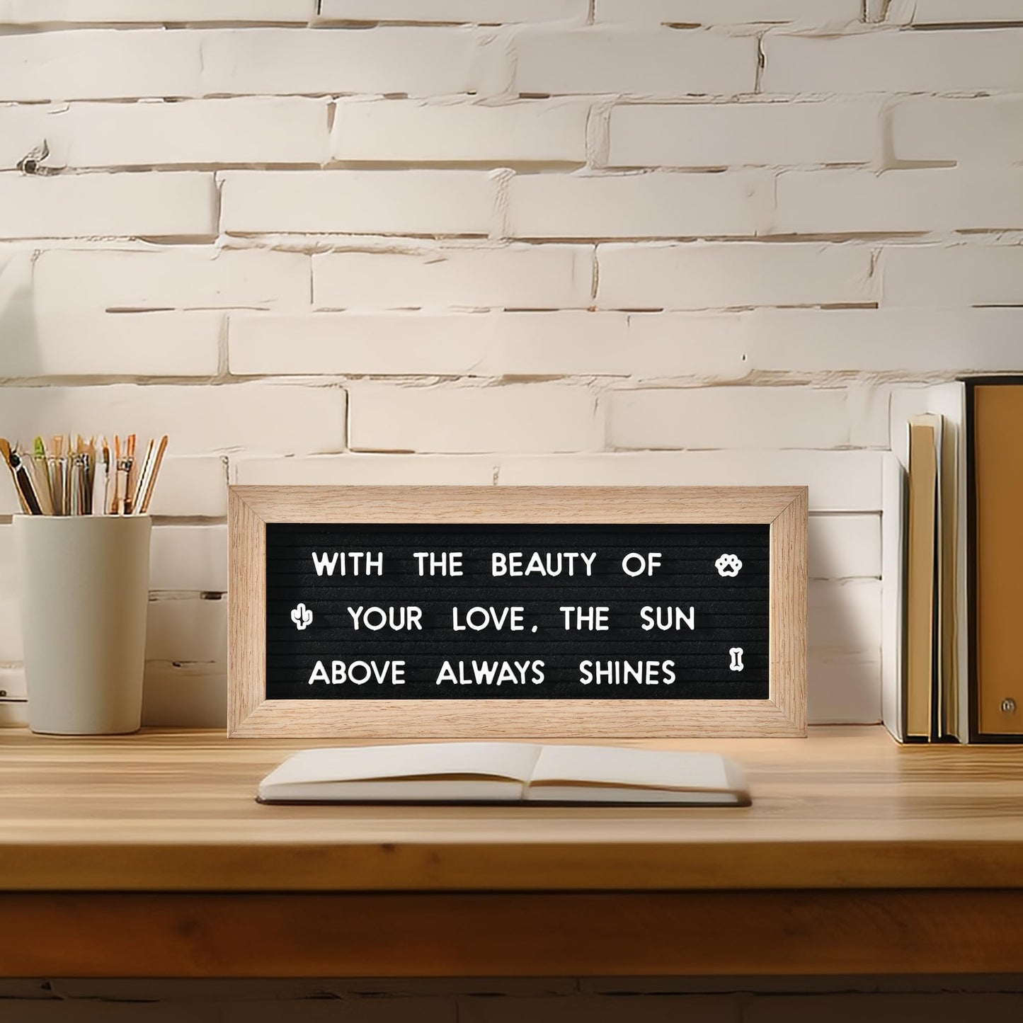 Small Felt Letter Board with 374 Letters, Numbers & Symbols - 12 x 5 inch Mini Changeable Message Board with Wooden Frame Wall Mount Hook (Black)